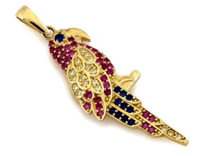 Wisiorek złoty papuga z kolorowymi cyrkoniami próba 585  