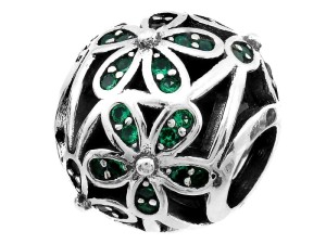 Zawieszka do bransoletki kwiatki z zielonymi cyrkoniami srebro 925